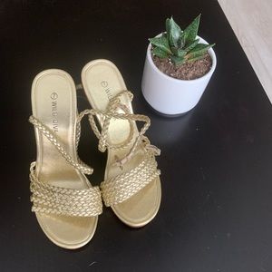 Gold cross ankle strap heels